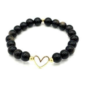 Hand Crafted Black Obsidian and Gold Heart Bracelet